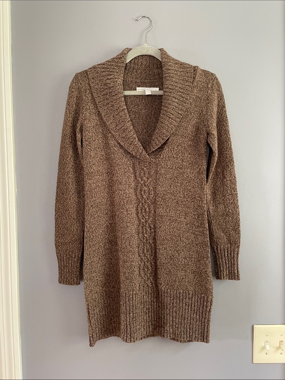 Old Navy Brown Shawl-Collar Cable Knit Tunic Sweater